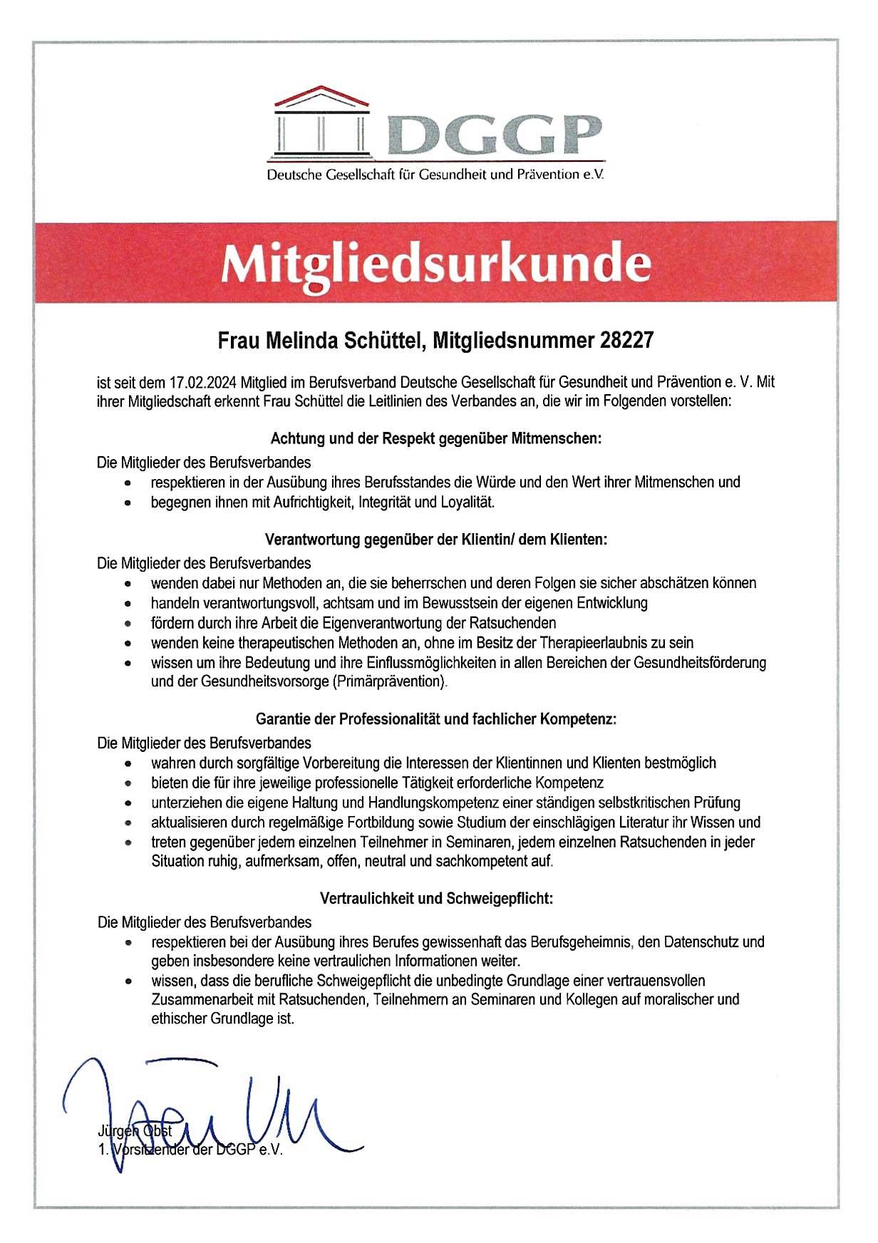 Mitgliedsurkunde DGGP